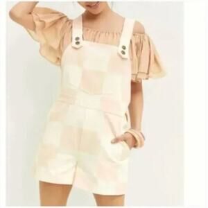 Anthropologie Hutch S Checked pink cream Boho hipster romper overalls
